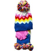 Wholesale - 3pc FLAT KNIT STRIPED CUFF MULTI POM HAT/GLOVE/SCARF SET C/P 48, UPC: 794434461284